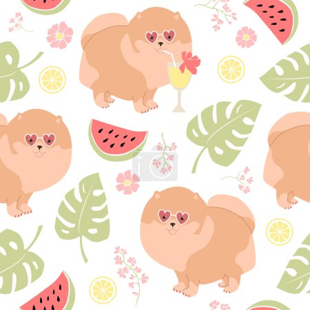 Illustration for Seamless vector pattern of dog pomeranians, monstera leaves, watermelons, lemons, flowers. For fabrics, wrapping paper, wallpapers. - Royalty Free Image