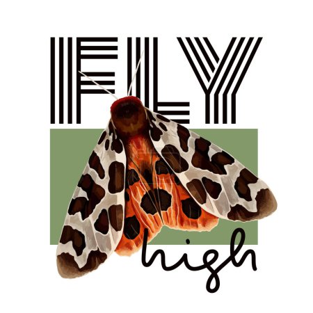 Illustration for Fly high. Slogan and design for a t-shirt with orange tiger butterfly. Vector colorful hand-drawn illustration. - Royalty Free Image