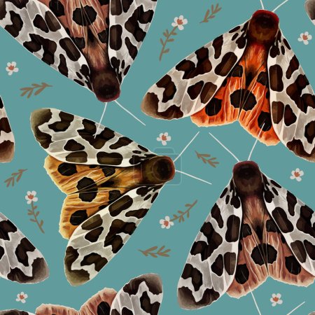 Illustration for Vector seamless pattern with the garden tiger moth or Arctia caja. Beautiful butterfly colorful hand drawn illustration. - Royalty Free Image