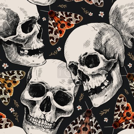 Illustration for Seamless pattern of hand-drawn human skulls, flowers, and the garden tiger moth or Arctia caja. Beautiful colorful vintage illustration. - Royalty Free Image