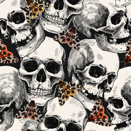 Illustration for Seamless pattern of hand-drawn human skulls and the garden tiger moth or Arctia caja. Beautiful colorful illustration. - Royalty Free Image