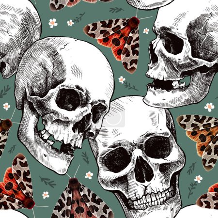 Illustration for Seamless pattern of hand-drawn human skulls, flowers, and the garden tiger moth or Arctia caja. Beautiful colorful illustration. - Royalty Free Image