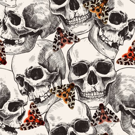 Illustration for Seamless pattern of hand-drawn human skulls and the garden tiger moth or Arctia caja. Beautiful colorful vintage illustration. - Royalty Free Image