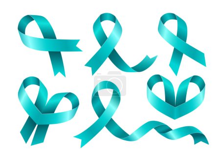 Illustration for Set of Teal ribbons. Awareness for cervical cancer, Ovarian Cancer, Polycystic Ovary Syndrome (PCOS), Post Traumatic Stress Disorder(PTSD), Obsessive Compulsive Disorder(OCD). Vector 3d illustration - Royalty Free Image