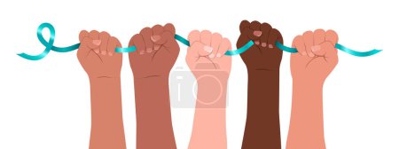 Illustration for Diverse women`s hands hold a teal ribbon. Modern flat vector illustration.  Awareness for cervical cancer, Ovarian Cancer, and Polycystic Ovary Syndrome (PCOS). - Royalty Free Image
