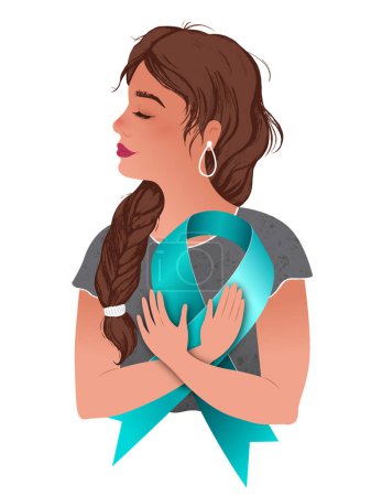 Illustration for Cute girl holding a teal ribbon in her hands. Awareness for cervical cancer, Ovarian Cancer, and Polycystic Ovary Syndrome (PCOS). Hand-drawn vector colorful illustration. - Royalty Free Image