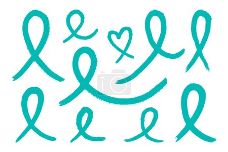 Illustration for Set of Teal ribbons. Awareness for cervical cancer, Ovarian Cancer, Polycystic Ovary Syndrome (PCOS), Post Traumatic Stress Disorder(PTSD), Obsessive Compulsive Disorder(OCD). Vector 3d illustration - Royalty Free Image