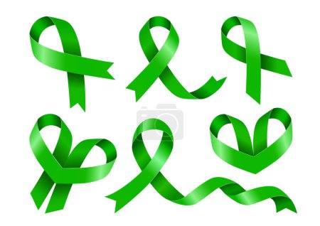 Set of Green Awareness ribbons. Awareness for Glaucoma, Organ Donation, Liver Cancer, Scoliosis, lymphoma, Gallbladder and bile duct, and mental health. Vector 3D illustration