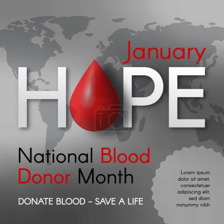 Illustration for National Blood Donation Month square poster with a red ribbon, text, and a world map. Modern vector illustration. - Royalty Free Image