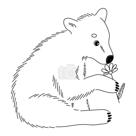 Ilustración de Un lindo oso de peluche huele una flor. Ilustración de línea dibujada a mano vectorial. - Imagen libre de derechos