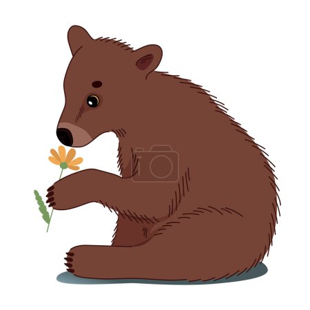 Ilustración de Un lindo oso de peluche huele una flor. Vector dibujado a mano ilustración plana colorida. - Imagen libre de derechos