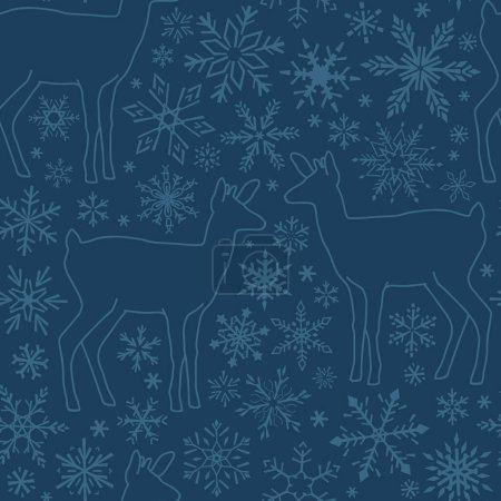 Seamless pattern with silhouettes of deer and snowflakes. Outline Vector illustration.