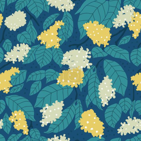 Téléchargez les illustrations : Vector seamless pattern of flowers and leaves. Simple modern illustration for trendy fabrics, wallpapers, wrapping paper, and linens. Blue, green, and yellow colors. - en licence libre de droit