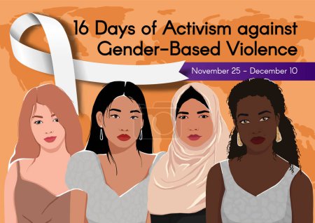 Téléchargez les illustrations : Bannière pour 16 jours d'activisme contre la violence sexiste avec des femmes de différents groupes ethniques ensemble et un ruban blanc. Illustration vectorielle colorée - en licence libre de droit