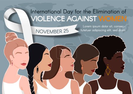 Téléchargez les illustrations : Affiche de la Journée internationale pour l'élimination de la violence à l'égard des femmes. Des femmes de différents groupes ethniques ensemble. illustration vectorielle plate moderne - en licence libre de droit