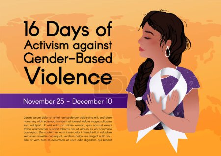 Téléchargez les illustrations : Bannière pour 16 jours d'activisme contre la violence sexiste. Une jolie fille tenant un ruban blanc dans ses mains. Illustration vectorielle colorée - en licence libre de droit