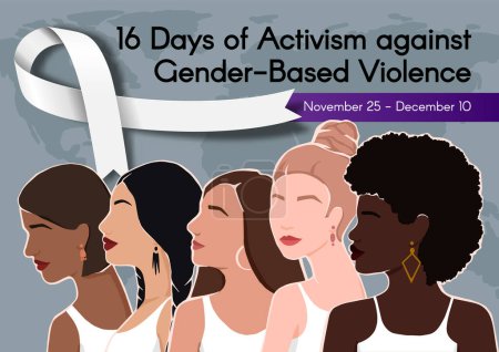 Téléchargez les illustrations : Bannière pour 16 jours d'activisme contre la violence sexiste avec des femmes de différents groupes ethniques et un ruban blanc. Illustration vectorielle colorée - en licence libre de droit