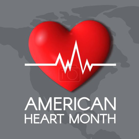 Banner cuadrado del Mes del Corazón Americano. Línea de latidos en el corazón. Ilustración vectorial 3D