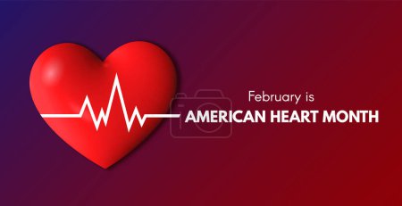 American Heart Month banner. Herzschlaglinie auf dem Herzen. Vektor 3D Illustration