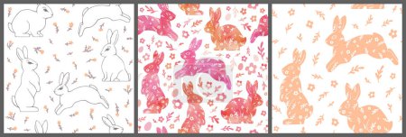 Illustration for Happy Easter Set of seamless patterns with bunnies, flowers, and eggs. Delicate watercolor illustration. - Royalty Free Image