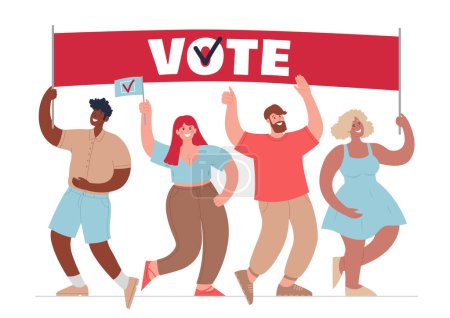 Ilustración de Diversas personas con cartel Voto. Convocatoria de votación. Moderna ilustración de póster. - Imagen libre de derechos
