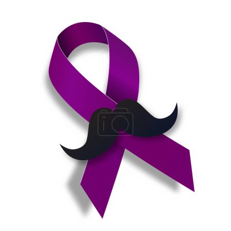 Mes de conciencia sobre el cáncer testicular. Cinta púrpura con bigote. Ilustración vectorial aislada en blanco