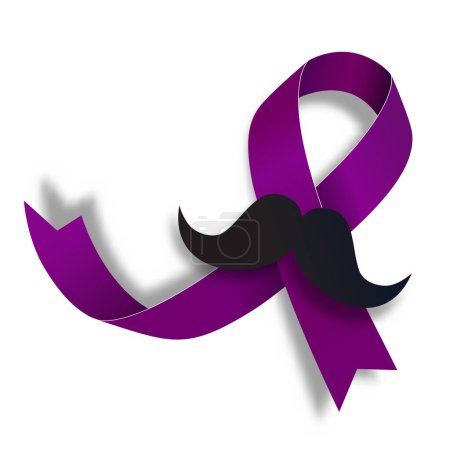 Mes de conciencia sobre el cáncer testicular. Cinta púrpura con bigote. Ilustración vectorial aislada en blanco.