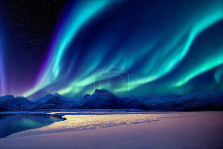 Photo pour Aurora borealis sur la Norvège. Aurores boréales vertes au-dessus des montagnes. Ciel nocturne avec lumières polaires. Paysage hivernal nocturne avec aurore et réflexion à la surface de l'eau. Dos naturel - image libre de droit