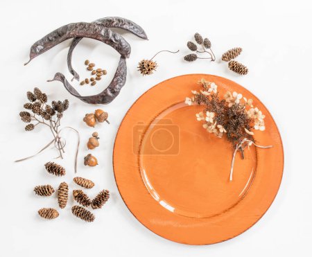 Orangener Teller mit verschiedenen herbstlichen Naturgegenständen