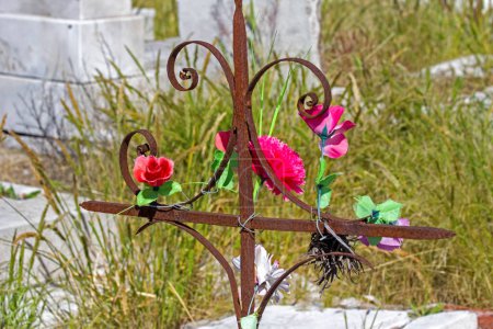 Téléchargez les photos : Beautiful flowers on cross on cemetery - en image libre de droit