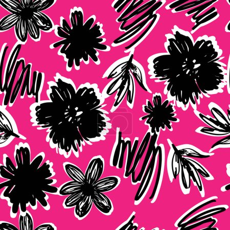 Illustration for Hand Drawn Fashion Designer Illustration. Big Bold Flowers Seamless Pattern. Grunge Pop Art Botanical Background in vector - Royalty Free Image