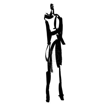 Illustration for Hand Drawn Fashion Designer Illustration.Fashion Model Illustration, Stylish Sketch.Hand drawn outfit look. Placement Print. Woman fashion look. Minimal Print. Poster Print. Feminine illustration on white background. Fashion Icon. Contour symbol - Royalty Free Image