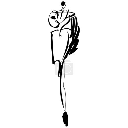 Illustration for Hand Drawn Fashion Designer Illustration.Fashion Model Illustration, Stylish Sketch.Hand drawn outfit look. Placement Print. Woman fashion look. Minimal Print. Poster Print. Feminine illustration on white background. Fashion Icon. Contour symbol - Royalty Free Image