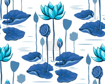 Seamless vector texture with lotus flowers, leaves and lake. Botanical pattern with blue hand-drawn water lilies on stems in a pond. Background with water lilies for fabrics and wallpapers.