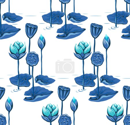 Illustration for Seamless pattern with lotus flowers, leaves on white background. Vector botanical texture with blue hand-drawn water lilies on stems in lake. Background with water lilies on stalks for fabrics - Royalty Free Image