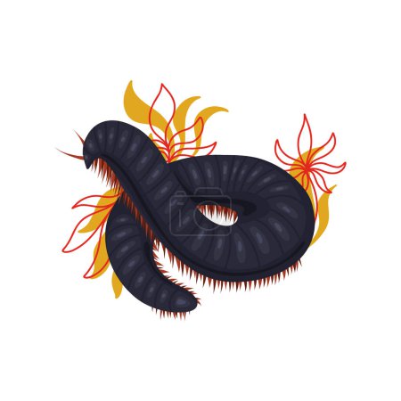 Illustration for Vector illustration of centipede with foliage and stems. Trendy clipart with a julida and foliage. An insect with a chitinous shell. Millipede insect. - Royalty Free Image