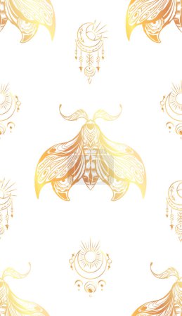 Illustration for Vector seamless luxury pattern with drawing night butterfly with boho decoration and celestial amulets. Mystical texture with golden moth with tracery ornament. Rich fabric on white background. - Royalty Free Image