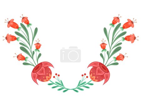 Illustration for Vector traditional wreath of tulips and bluebells with folk art. Floral frame with ornaments for invitations. Natural border for postcards - Royalty Free Image