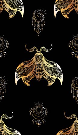 Illustration for Seamless luxury pattern with drawing night butterfly with boho decoration and celestial amulets. Vector mystical texture with golden moth with tracery ornament. Rich fabric on black background. - Royalty Free Image