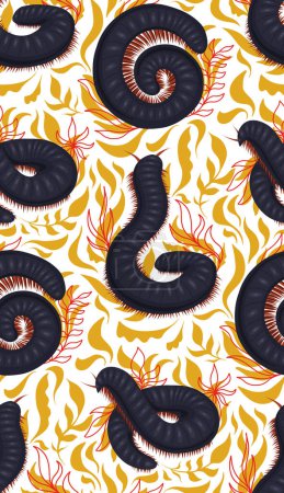 Illustration for Vector seamless pattern with centipedes with foliage and stems. Trendy texture with a julida and foliage. Wallpaper with insect with a chitinous shell. Fabric with millipede insect. - Royalty Free Image