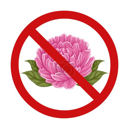 Illustration for Peonies in the prohibition sign. Vector prohibition sign with pink lush flowers. Allergy danger. Dont pick flowers. Forbidden sign for stickers and pointers. - Royalty Free Image