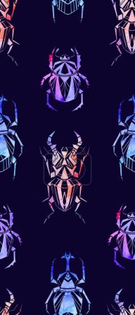 Illustration for Vector seamless neon pattern with watercolor beetles and bedbugs on a purple background. Entomology texture. Fabric swatch with polygonal insects. - Royalty Free Image