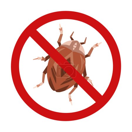 Illustration for Vector prohibition sign with a bug. Danger of being bitten by insects. Bedbugs are in ban. Forbidden sign for dichlorvos and stickers. - Royalty Free Image