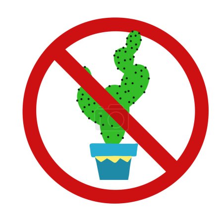 Illustration for Vector prohibition sign with a desert cactus in a pot. Do not touch thorny houseplants. Forbidden to grow dangerous plants. Ban sign for stickers and pointers. - Royalty Free Image