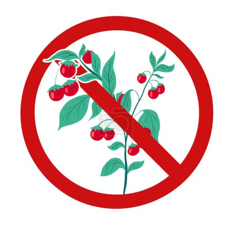 Téléchargez les illustrations : Cherry tomatoes in a prohibition sign. Vector forbidden sign with dangerous gmo food. The danger of chemically harmful food. Dont pick vegetables. - en licence libre de droit