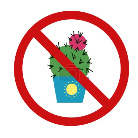 Illustration for Vector prohibition sign with a cactus in a pot. Do not touch thorny houseplants. Forbidden to grow dangerous plants. Ban sign for stickers and pointers. - Royalty Free Image