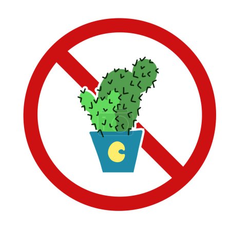 Illustration for Vector prohibition sign with a cactus in a pot. Do not touch thorny houseplants. Allergy Danger. Forbidden to grow dangerous plants. .Ban sign for stickers and pointers. - Royalty Free Image