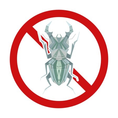 Illustration for Vector prohibition sign with a stag beetle. Danger of being bitten by insects. Bugs are in ban. Forbidden sign for dichlorvos and stickers. Do not kill rare insects. - Royalty Free Image