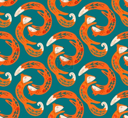 Téléchargez les illustrations : Seamless pattern of dancing orange folk art foxes on turquoise background. Vector animalistic texture love and family. Background with animals with floral decorations for wallpaper and fabric - en licence libre de droit