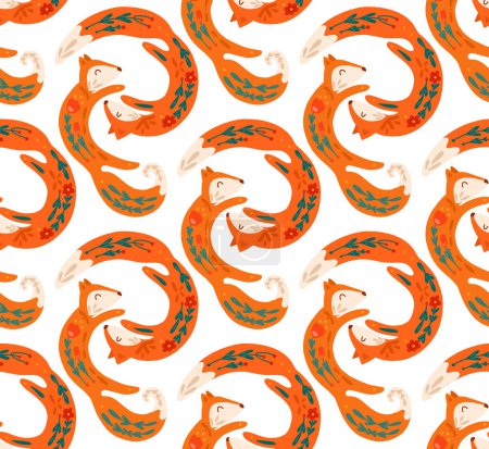 Téléchargez les illustrations : Vector seamless pattern of dancing folk art foxes on white background. Animalistic texture love and family. Background with animals with floral decorations for wallpaper and fabric - en licence libre de droit